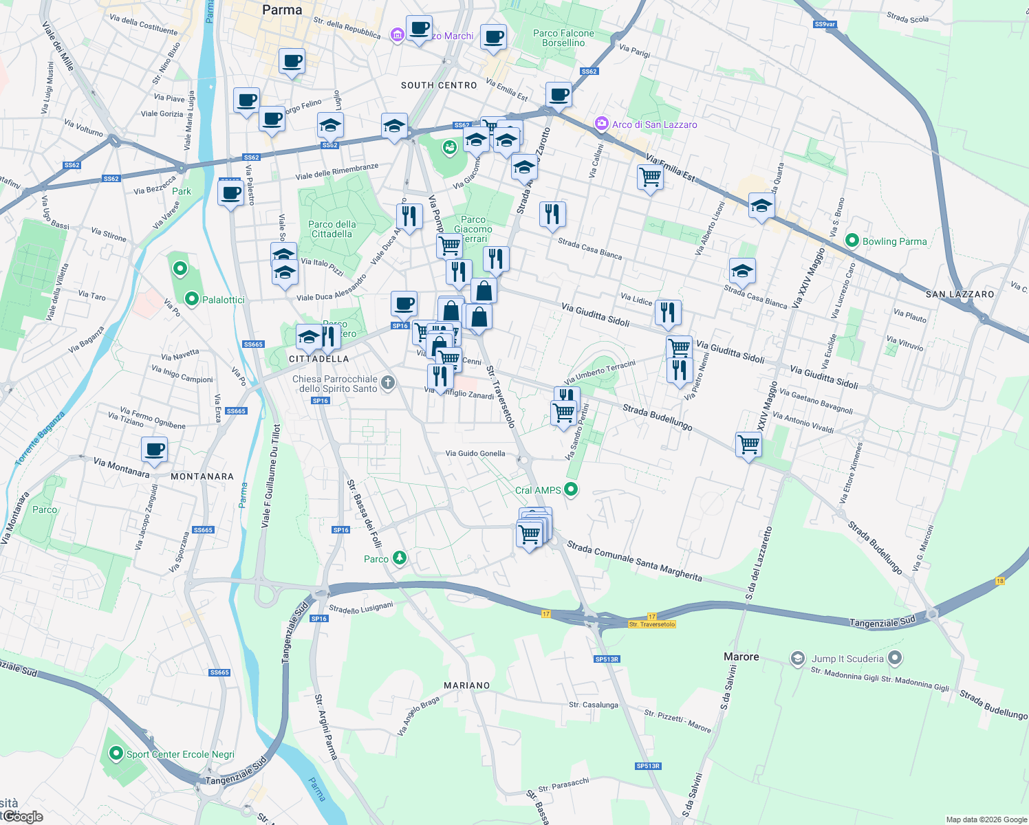 map of restaurants, bars, coffee shops, grocery stores, and more near 18 Strada Traversetolo in Parma