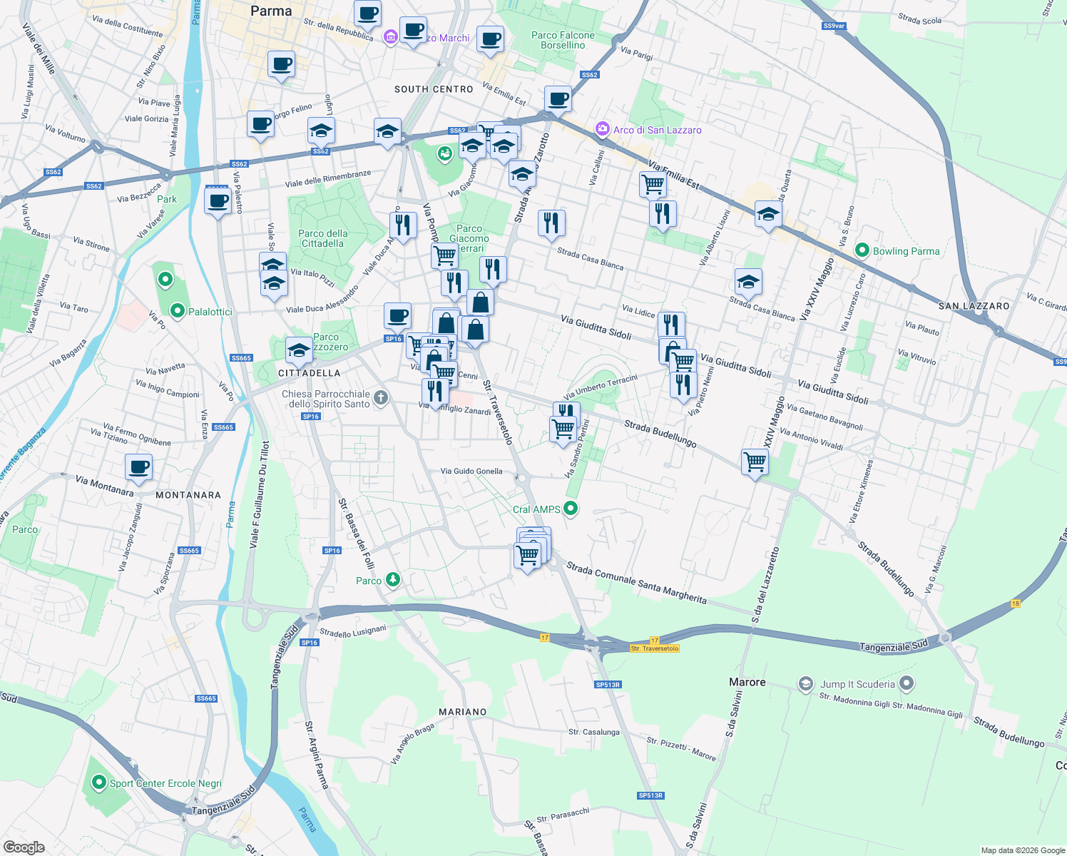 map of restaurants, bars, coffee shops, grocery stores, and more near 18 Strada Traversetolo in Parma