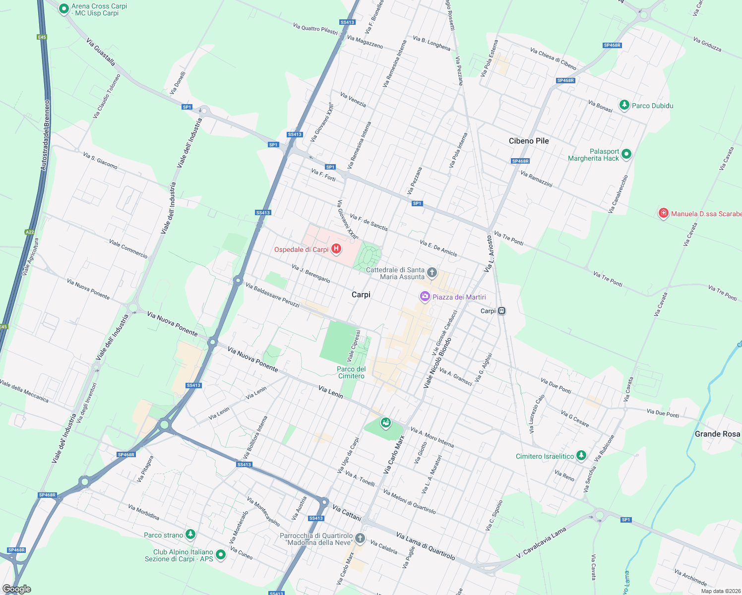 map of restaurants, bars, coffee shops, grocery stores, and more near 9 Viale Guido Fassi in Carpi
