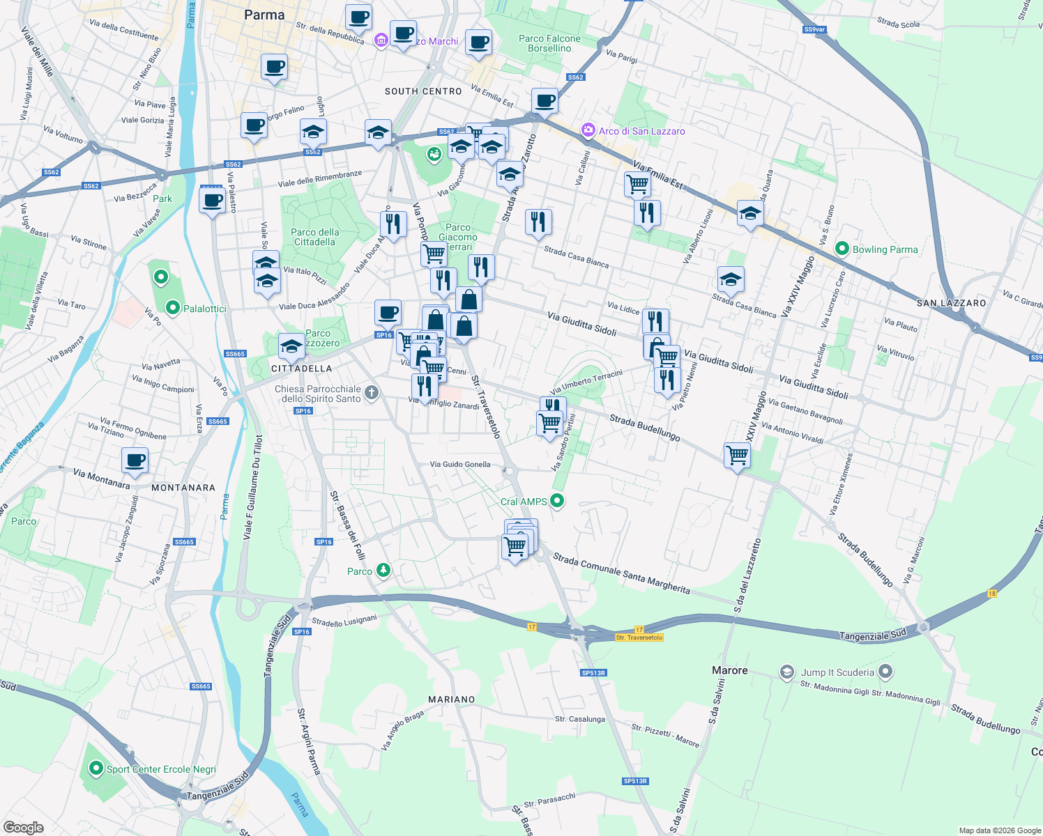 map of restaurants, bars, coffee shops, grocery stores, and more near 18 Strada Traversetolo in Parma
