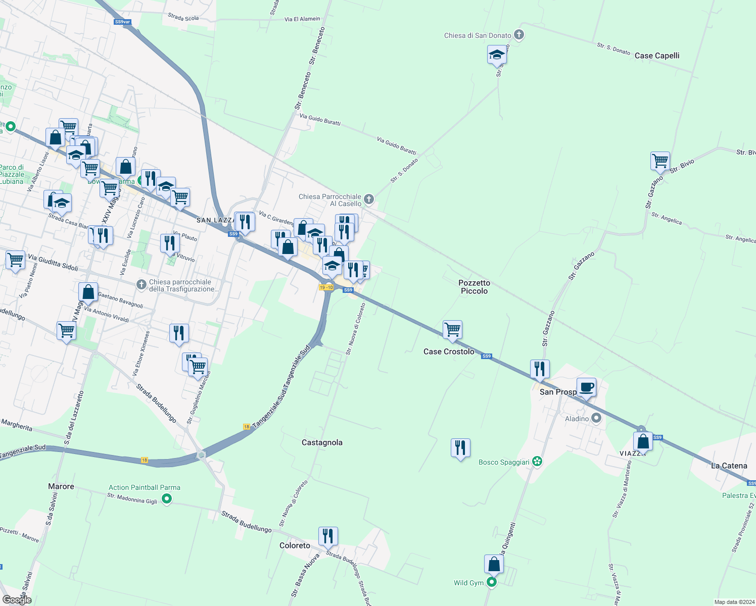 map of restaurants, bars, coffee shops, grocery stores, and more near 113 Via Marco Emilio Lepido in Provincia di Parma