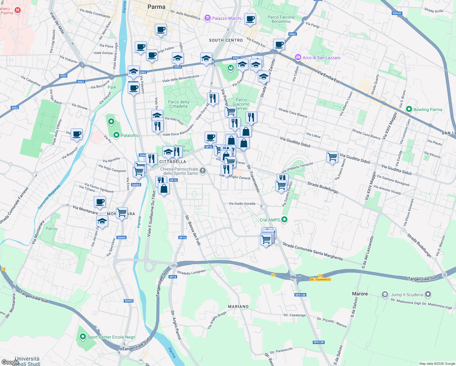 map of restaurants, bars, coffee shops, grocery stores, and more near 1 Via Alcide de Gasperi in Parma