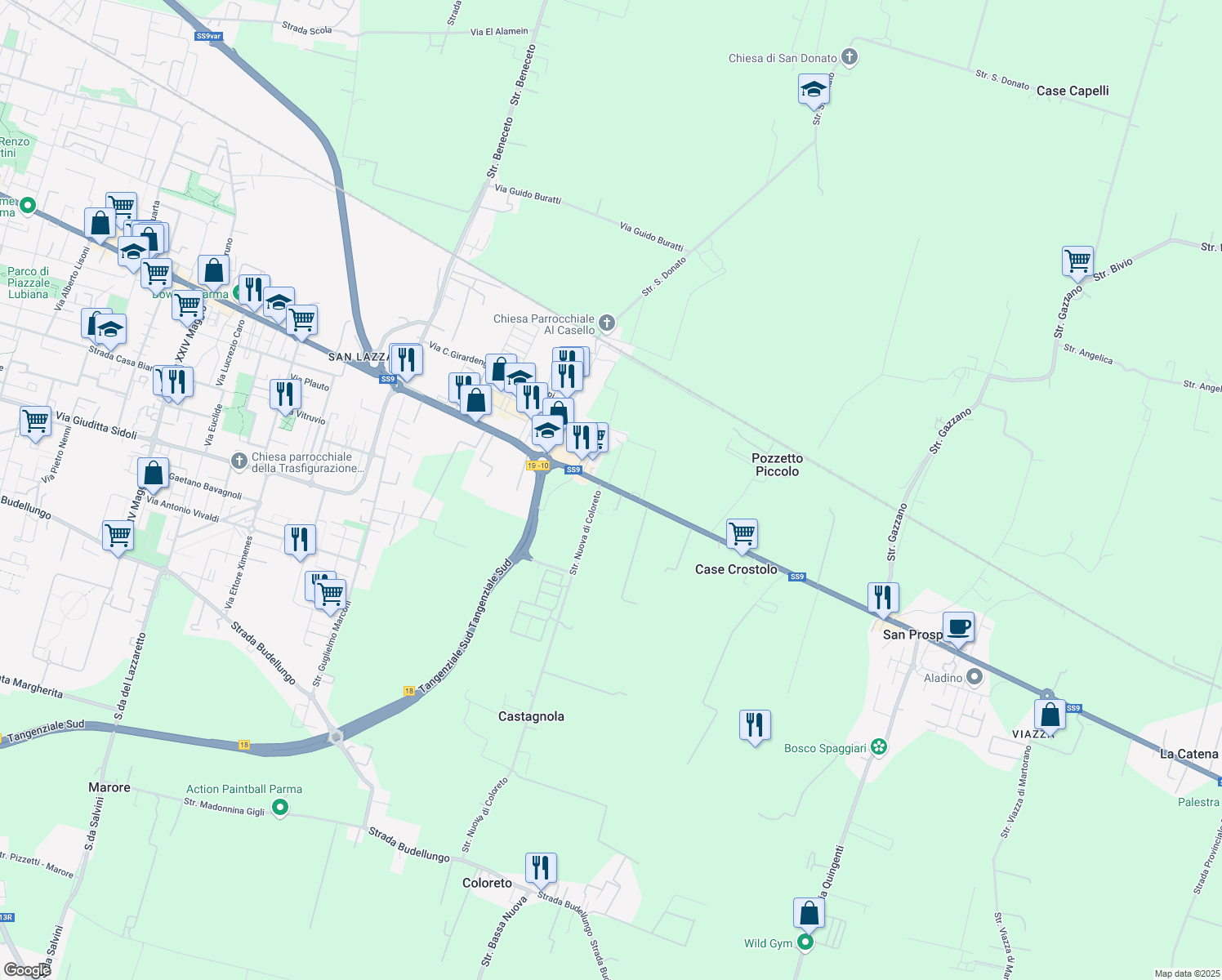 map of restaurants, bars, coffee shops, grocery stores, and more near 113 Via Marco Emilio Lepido in Provincia di Parma
