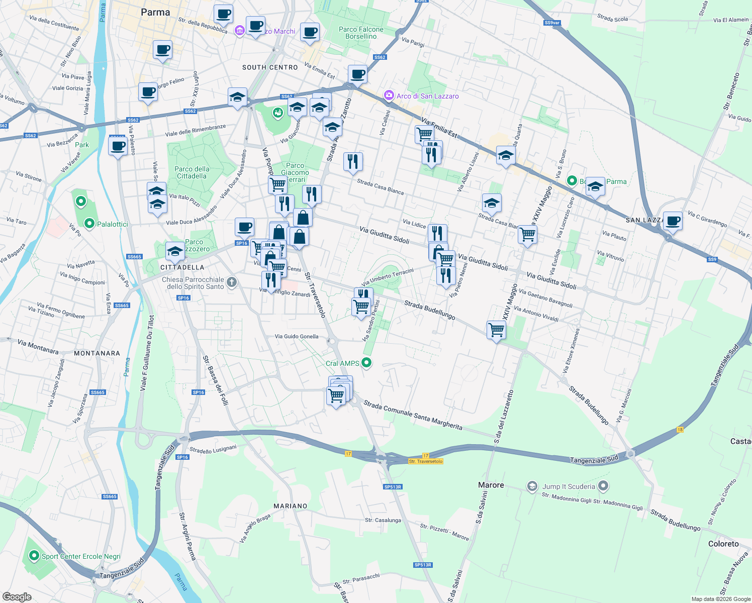 map of restaurants, bars, coffee shops, grocery stores, and more near 1 Via Sandro Pertini in Parma