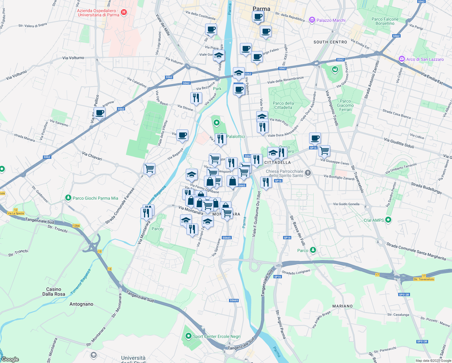 map of restaurants, bars, coffee shops, grocery stores, and more near 15 Via M. Jacchia in Parma