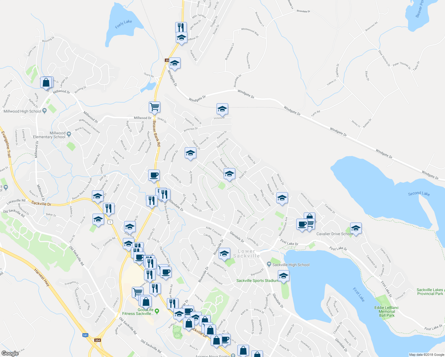 map of restaurants, bars, coffee shops, grocery stores, and more near 109 Stokil Drive in Lower Sackville