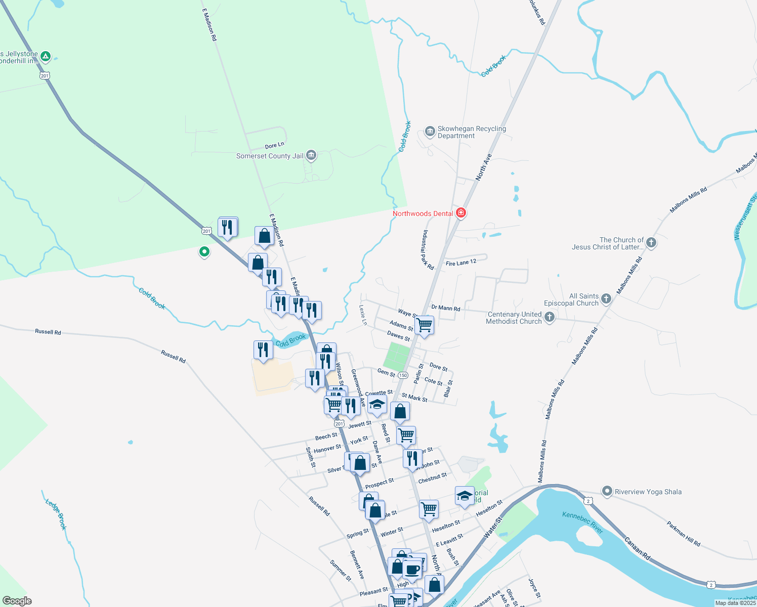 map of restaurants, bars, coffee shops, grocery stores, and more near 35 Waye Street in Skowhegan