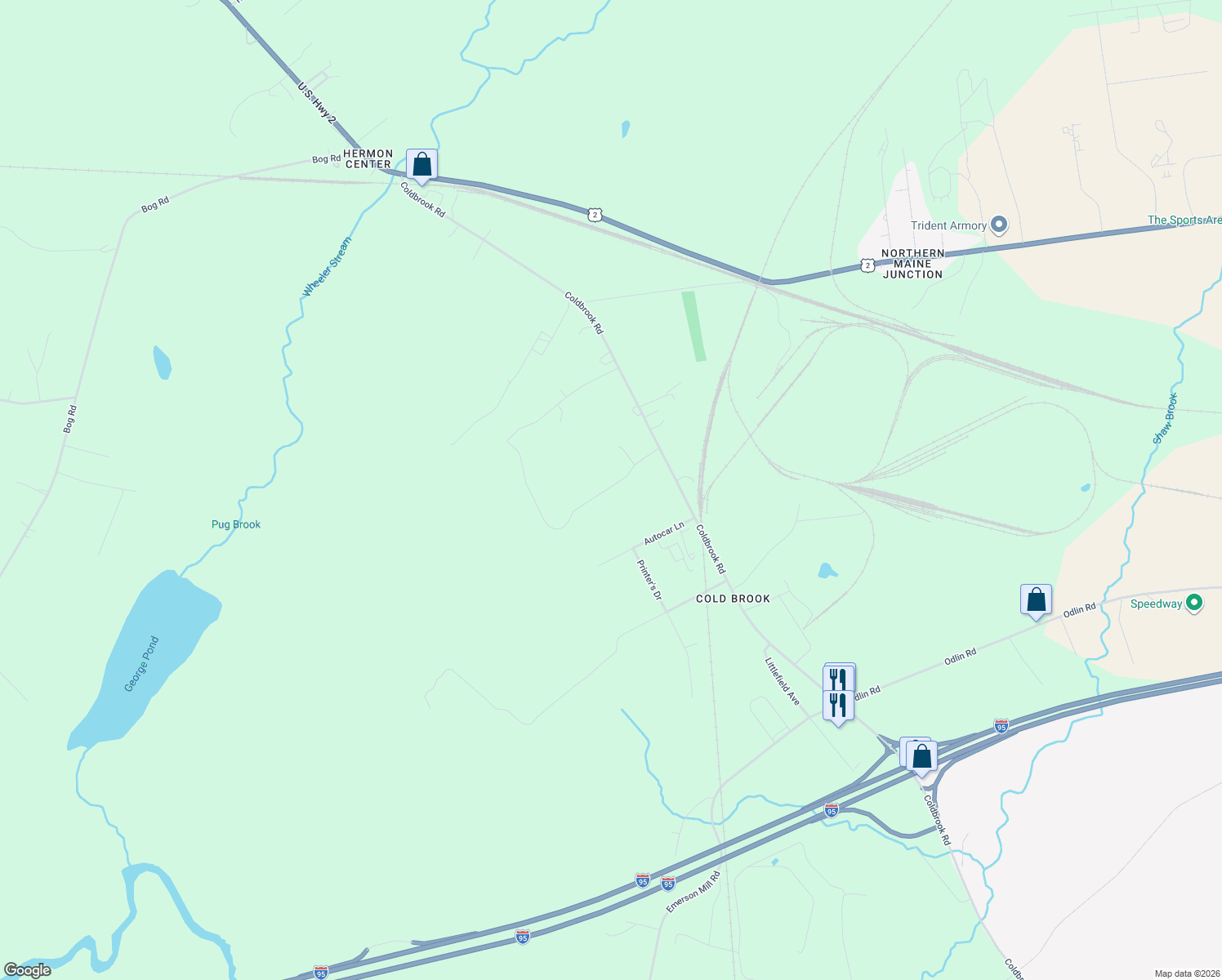 map of restaurants, bars, coffee shops, grocery stores, and more near 228 Partridge Lane in Hermon