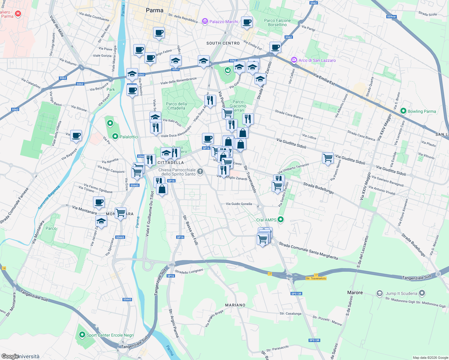 map of restaurants, bars, coffee shops, grocery stores, and more near 1 Via Alcide de Gasperi in Parma