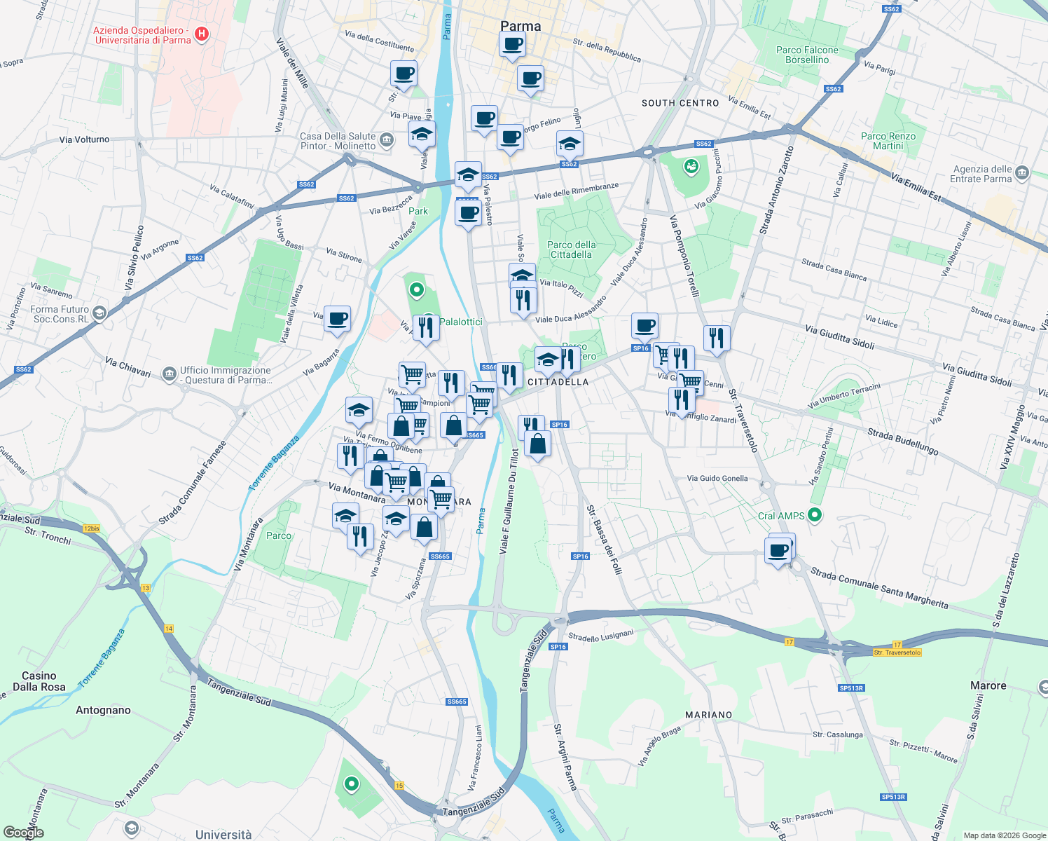 map of restaurants, bars, coffee shops, grocery stores, and more near in Provincia di Parma