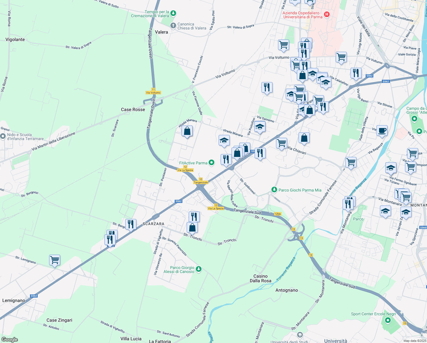 map of restaurants, bars, coffee shops, grocery stores, and more near 187 Via La Spezia in Parma