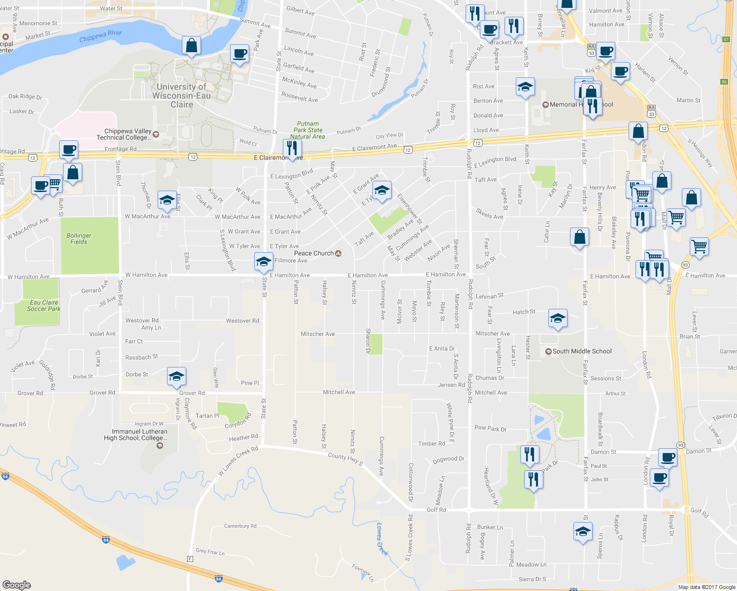 map of restaurants, bars, coffee shops, grocery stores, and more near 3355 Sharon Drive in Eau Claire