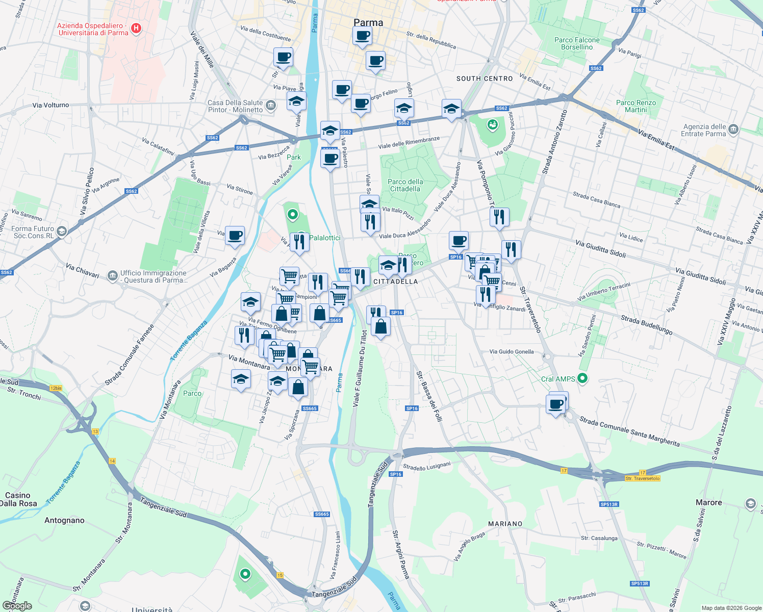 map of restaurants, bars, coffee shops, grocery stores, and more near Via Pio la Torre in Parma