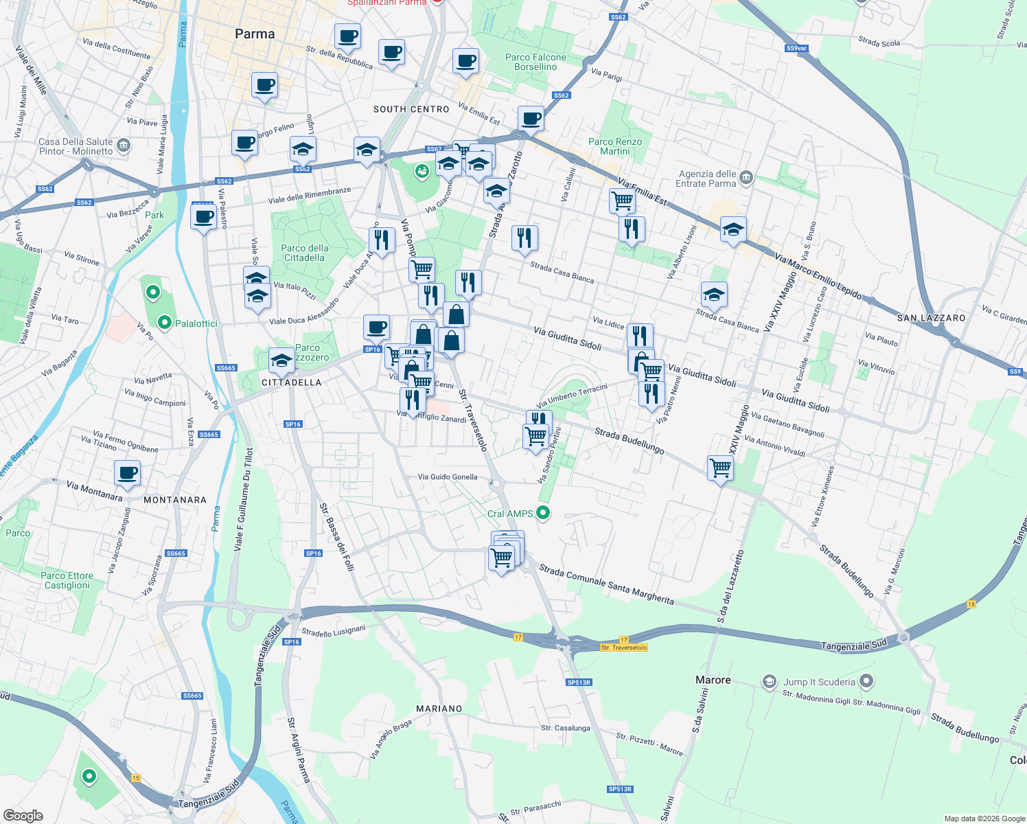 map of restaurants, bars, coffee shops, grocery stores, and more near 18 Strada Traversetolo in Parma