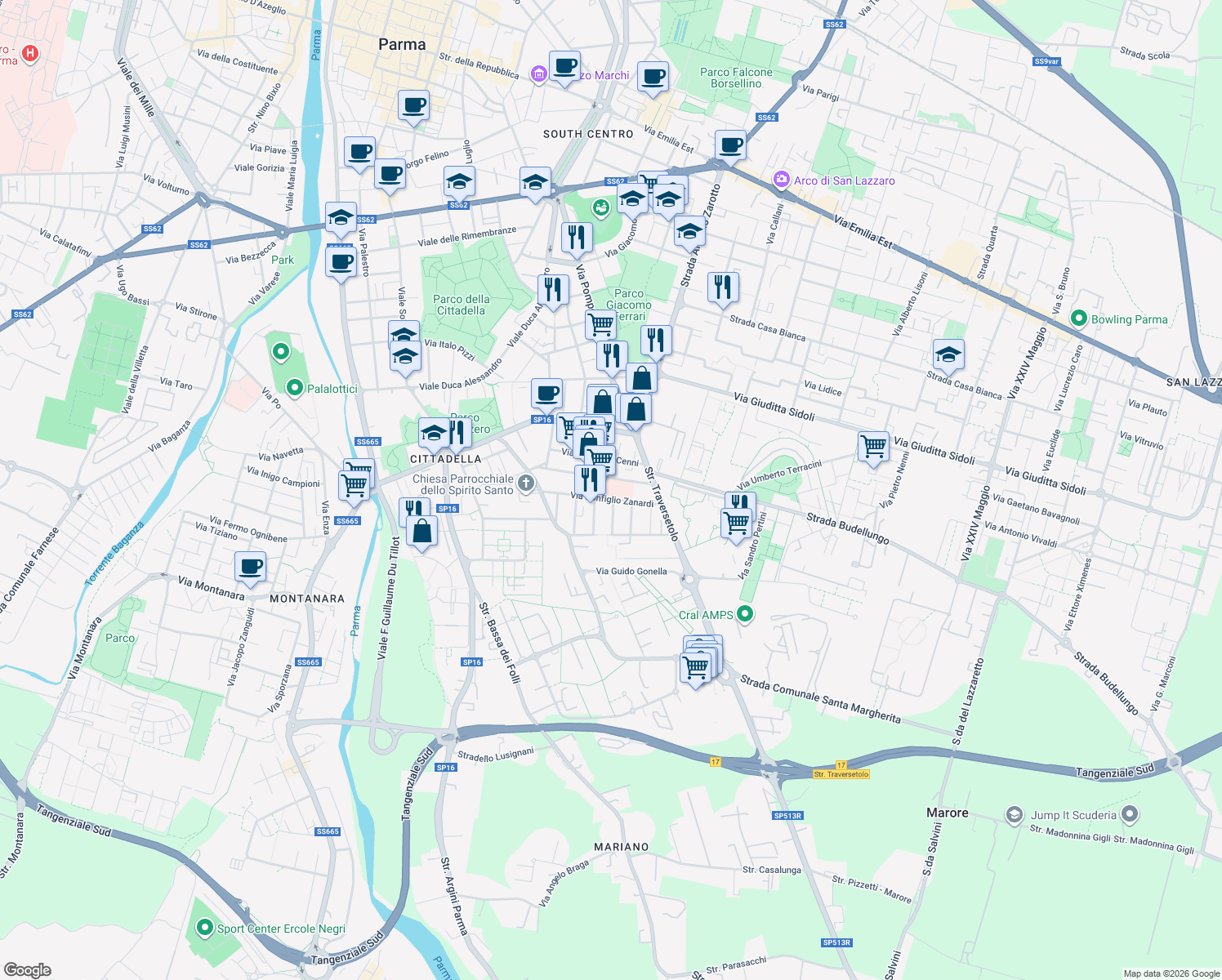 map of restaurants, bars, coffee shops, grocery stores, and more near 17 Via Giuseppe Rossi in Parma