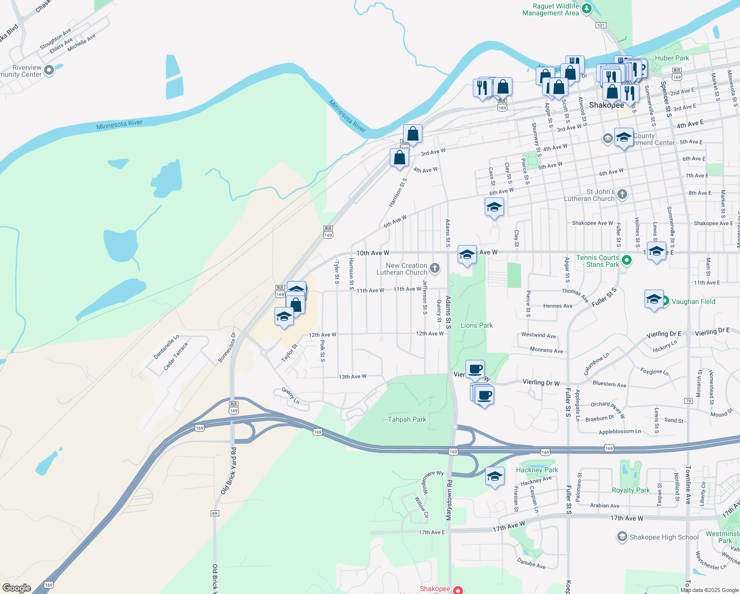 map of restaurants, bars, coffee shops, grocery stores, and more near 1127 Van Buren Street South in Shakopee