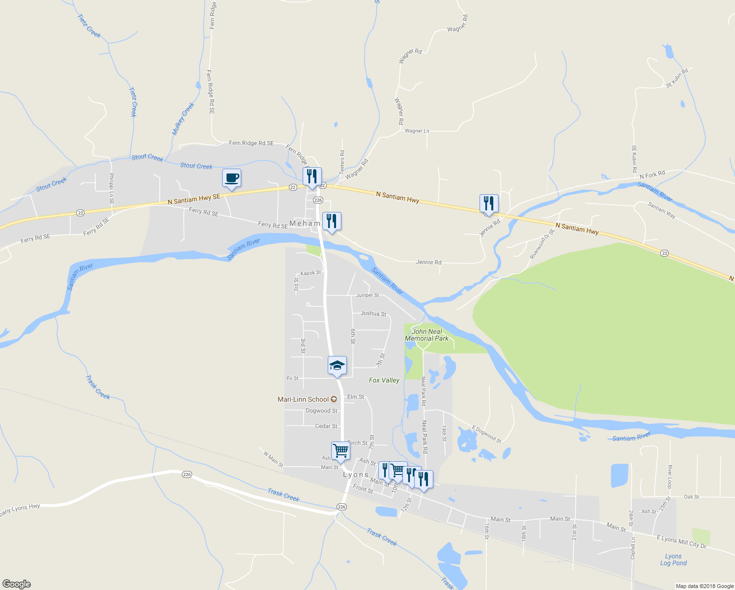 map of restaurants, bars, coffee shops, grocery stores, and more near 706 Juniper Street in Lyons