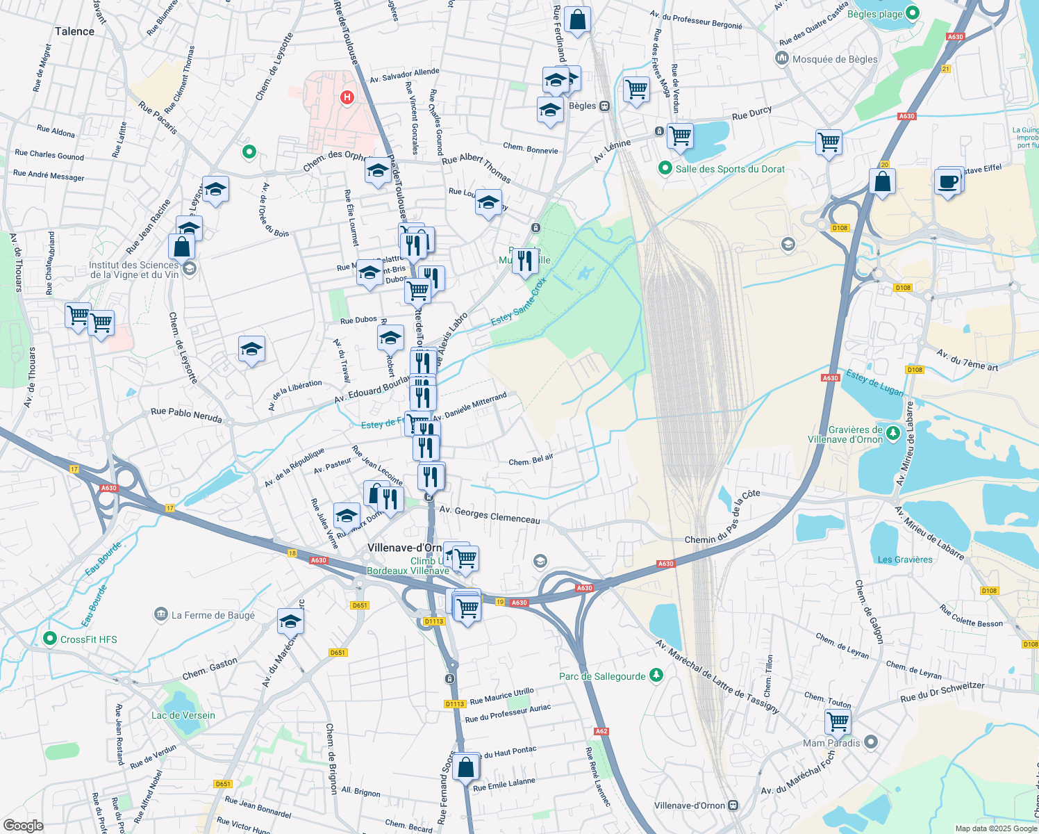 map of restaurants, bars, coffee shops, grocery stores, and more near Rue Louis Denis Mallet in Bègles