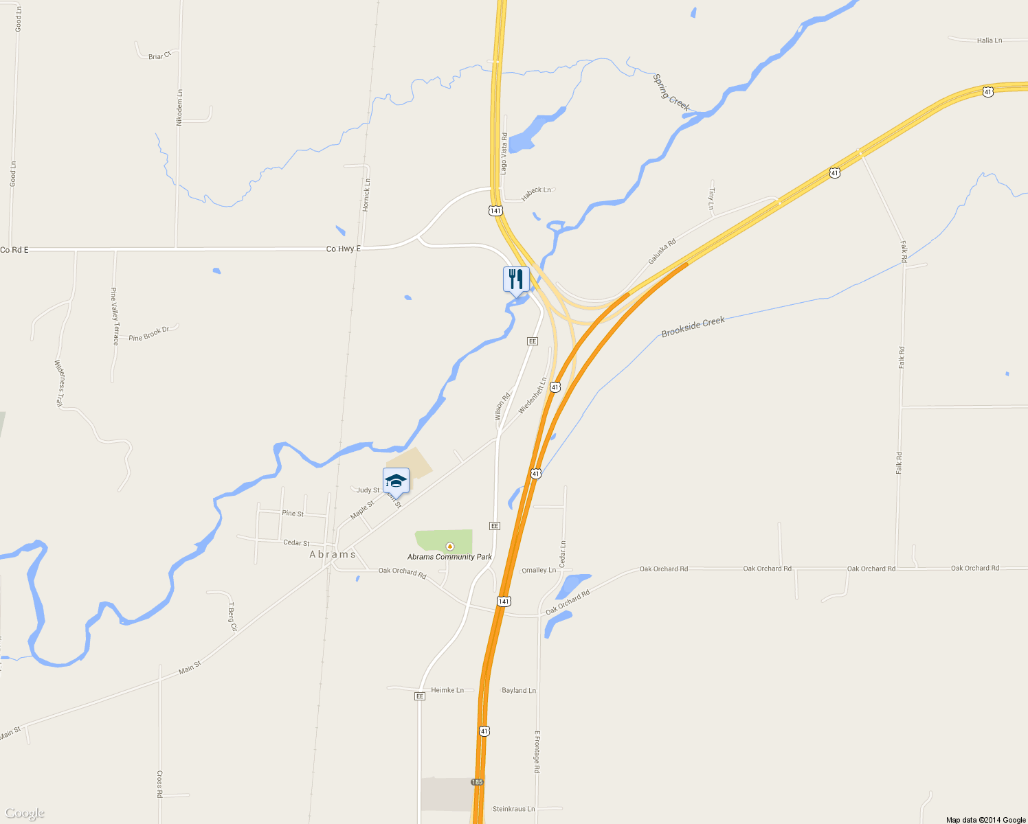 map of restaurants, bars, coffee shops, grocery stores, and more near 3109 Wiedenheft Lane in Abrams