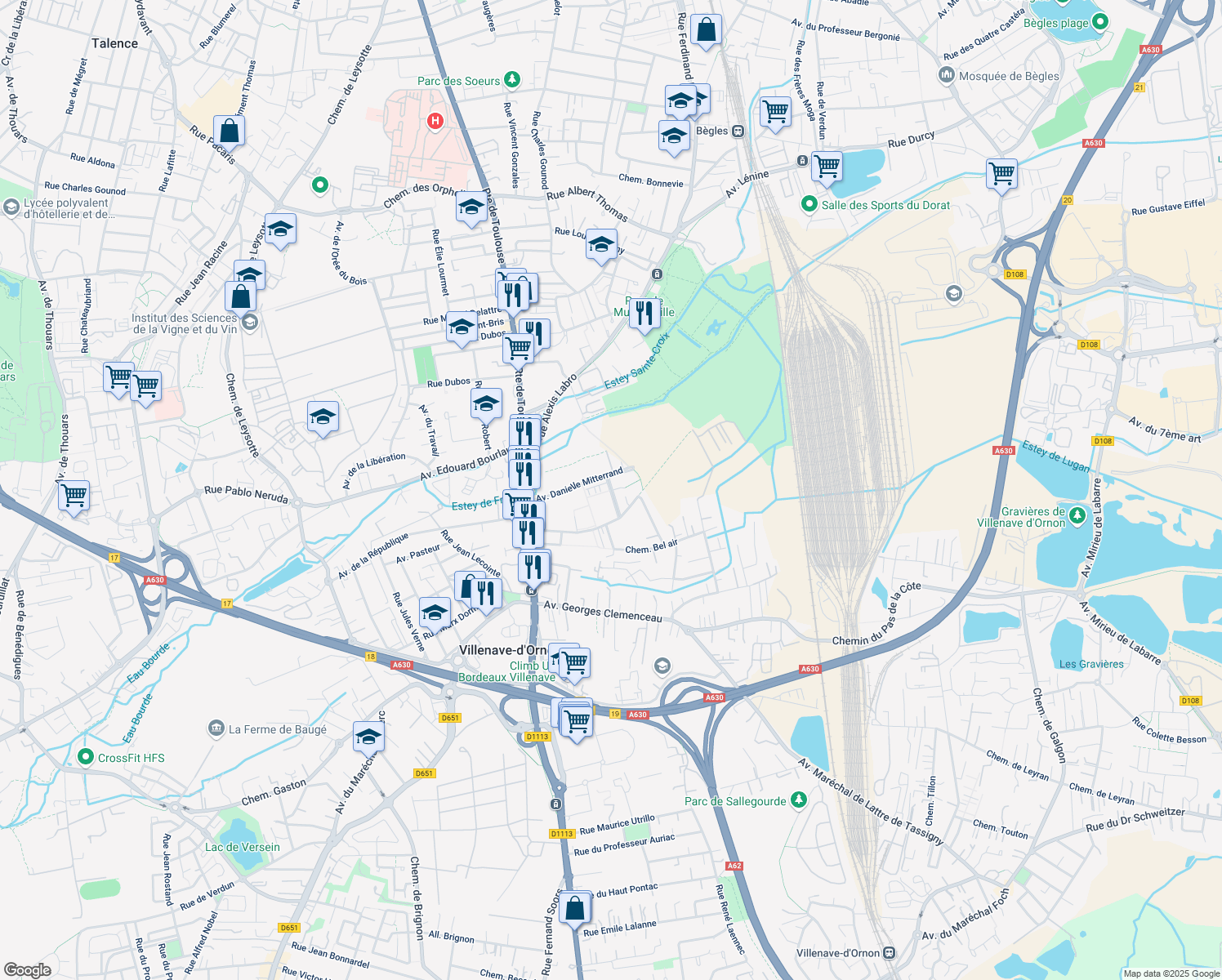 map of restaurants, bars, coffee shops, grocery stores, and more near Allée Joseph Wresinski in Bègles