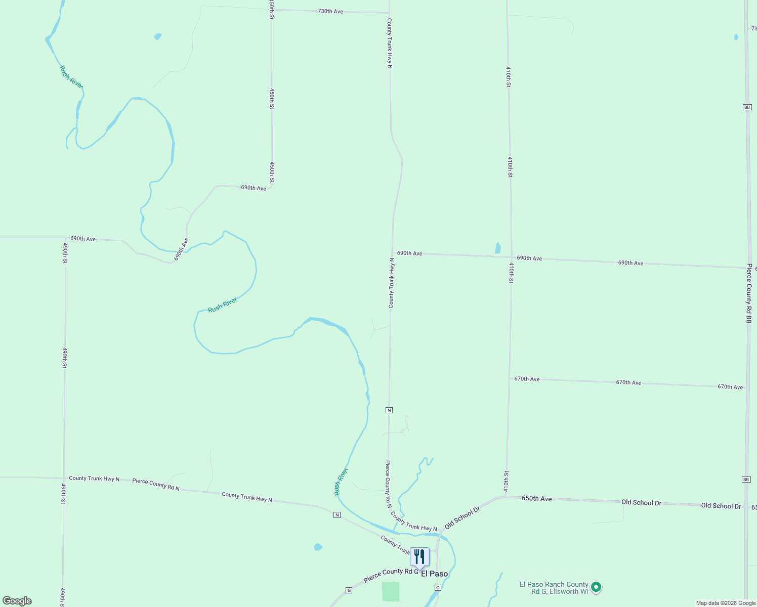 map of restaurants, bars, coffee shops, grocery stores, and more near N6807 County Road N in Beldenville
