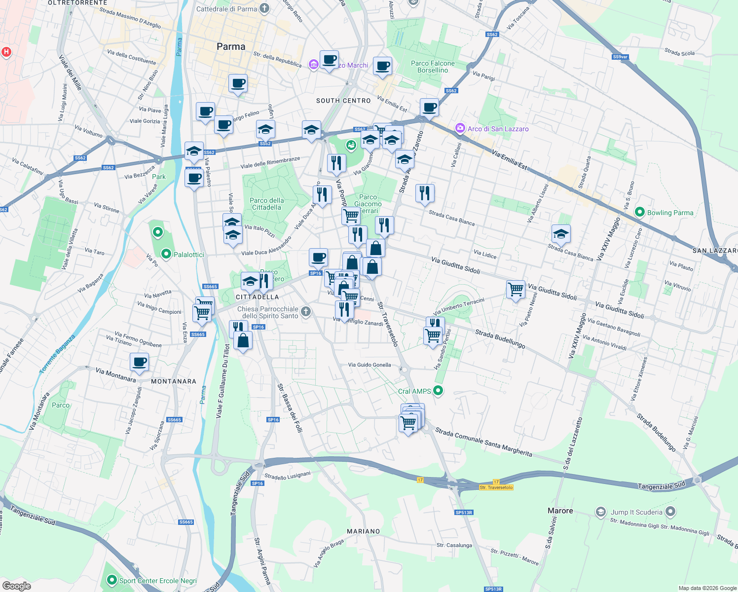 map of restaurants, bars, coffee shops, grocery stores, and more near 1-17 Via Giuseppe Rossi in Parma