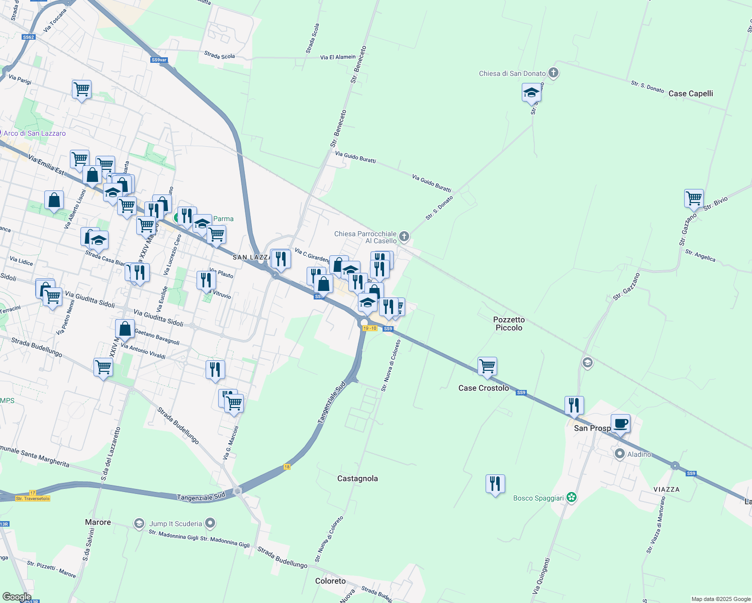 map of restaurants, bars, coffee shops, grocery stores, and more near 66 Via Emilio Lepido in Parma