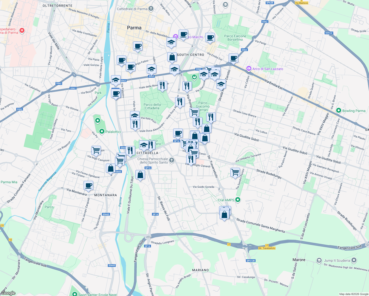 map of restaurants, bars, coffee shops, grocery stores, and more near 6 Via Giorgio Compiani in Parma
