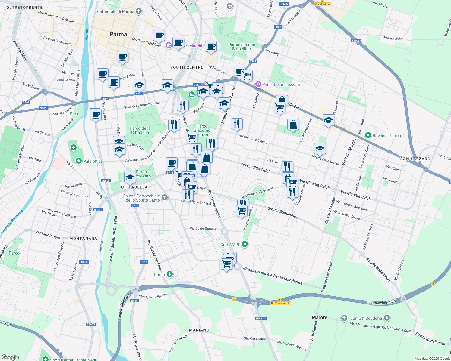map of restaurants, bars, coffee shops, grocery stores, and more near Via Giovanni Gronchi in Parma