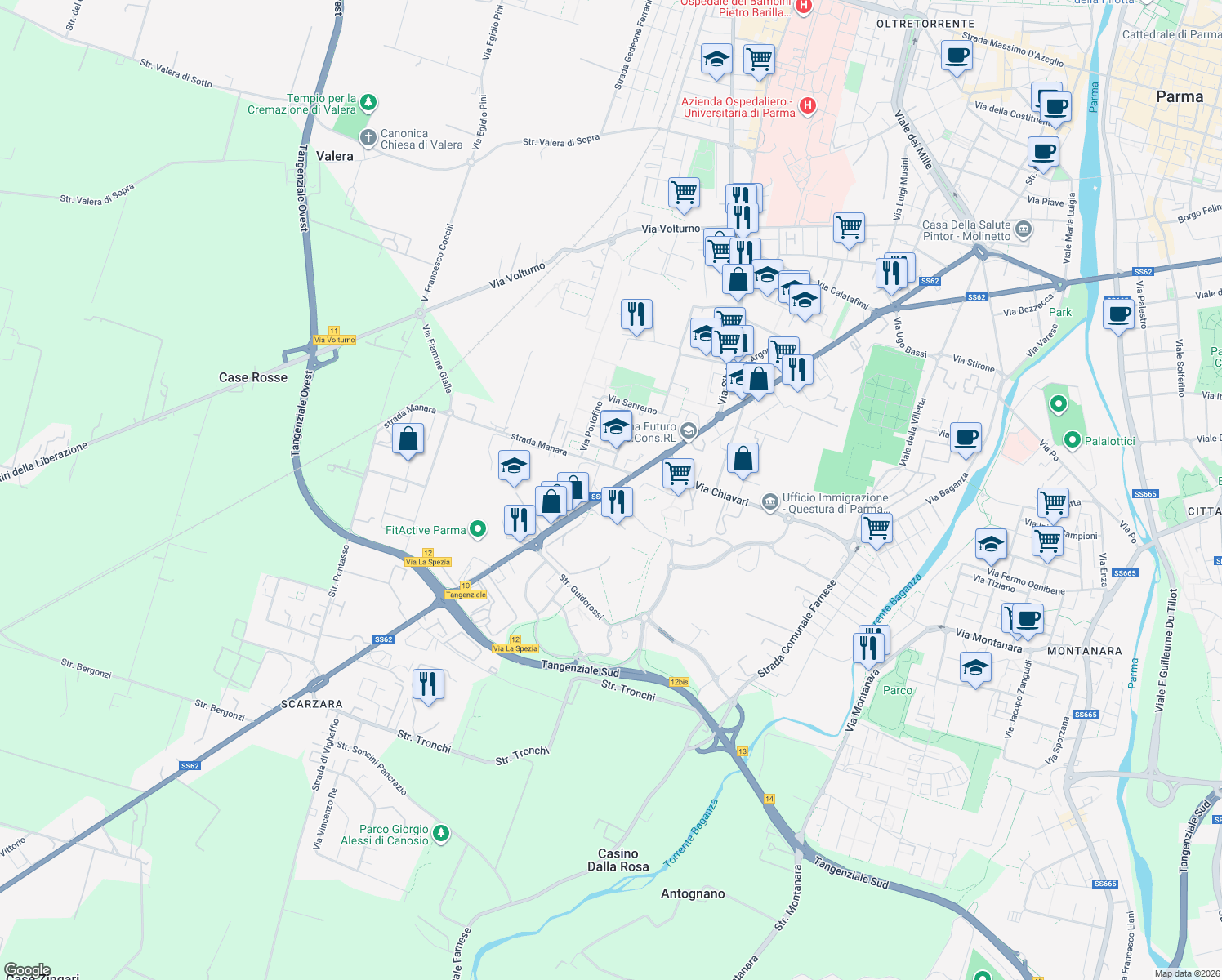 map of restaurants, bars, coffee shops, grocery stores, and more near 132 Via La Spezia in Parma