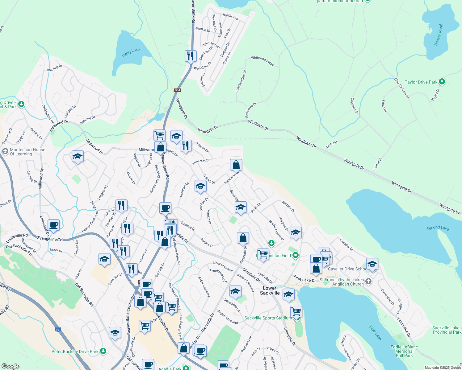 map of restaurants, bars, coffee shops, grocery stores, and more near 71 Saratoga Drive in Lower Sackville