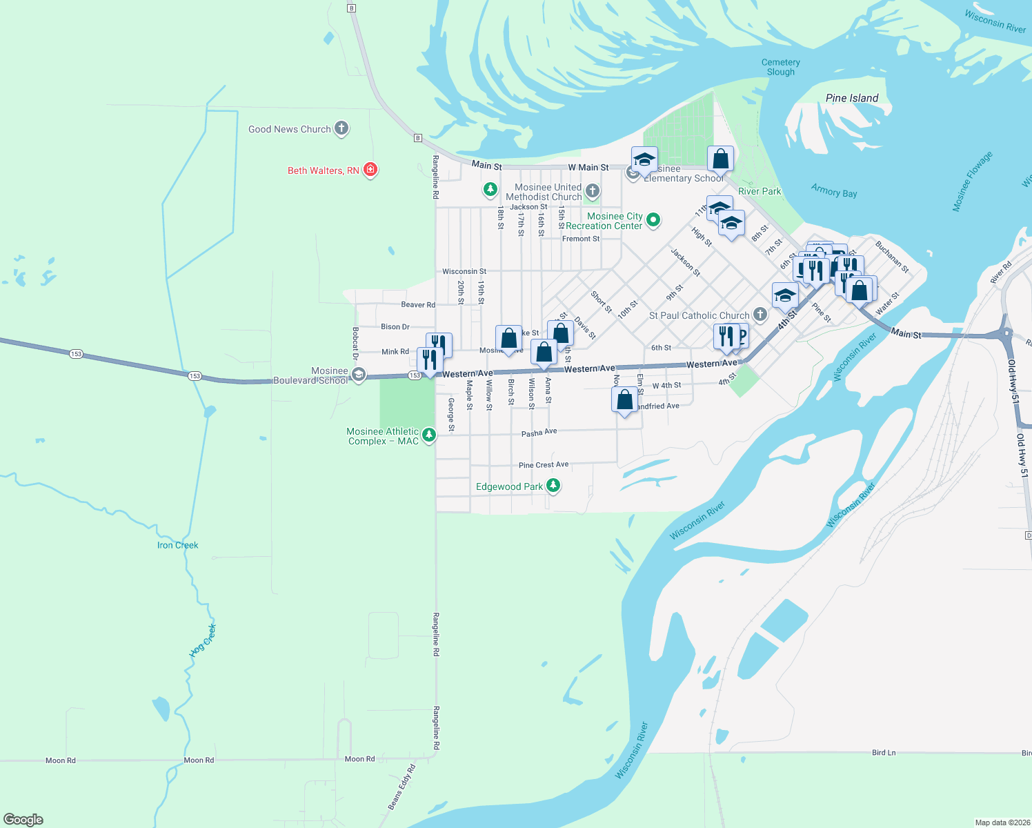 map of restaurants, bars, coffee shops, grocery stores, and more near 1118 Landfried Avenue in Mosinee