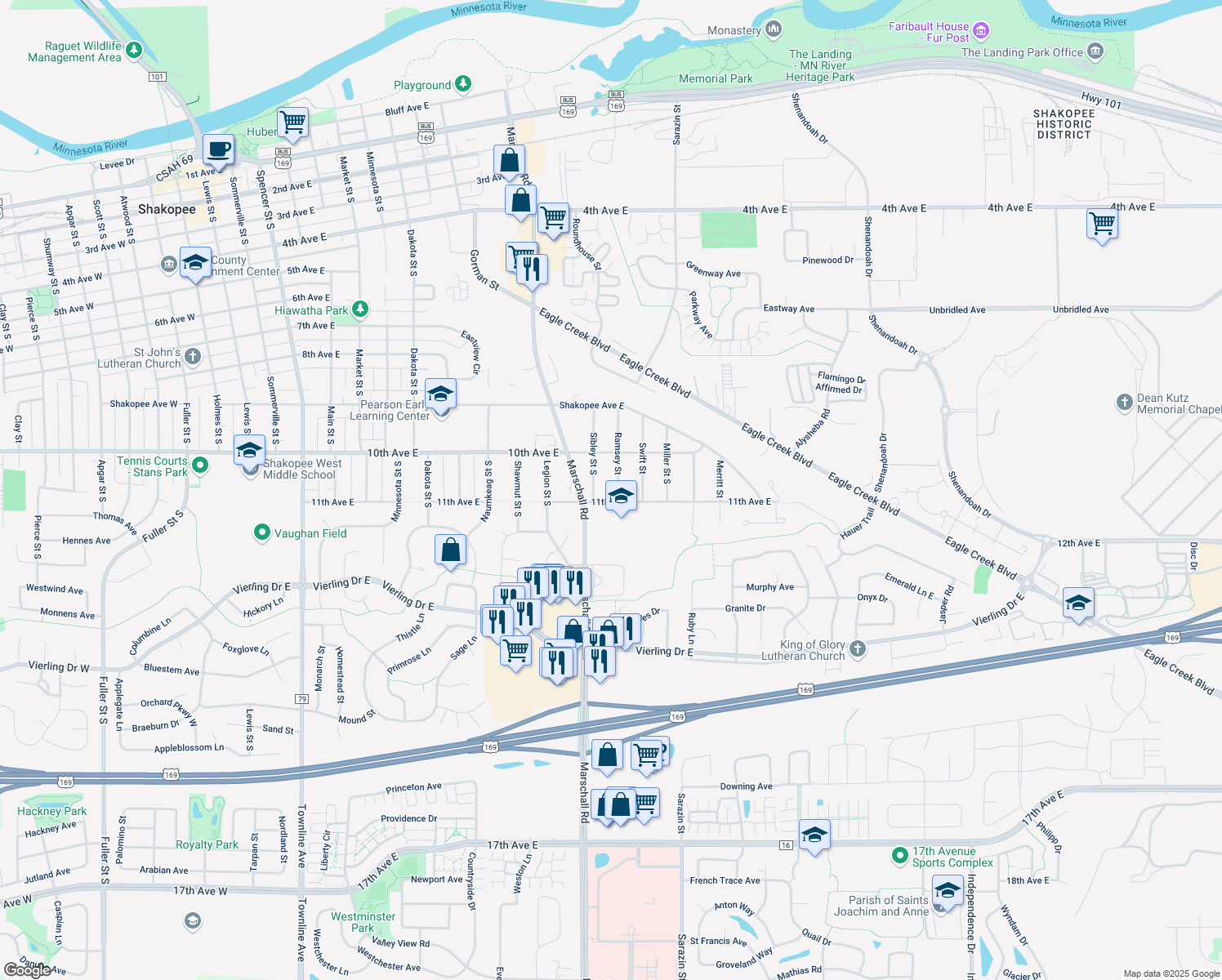 map of restaurants, bars, coffee shops, grocery stores, and more near 1064 Ramsey Street in Shakopee