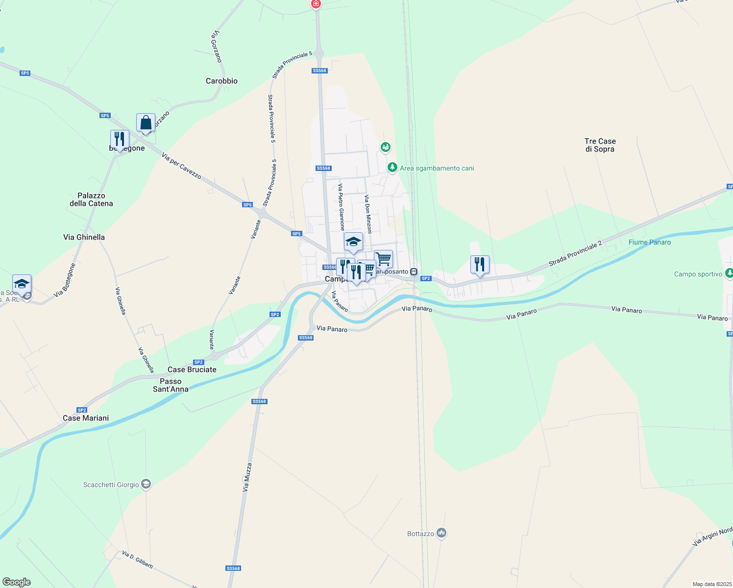 map of restaurants, bars, coffee shops, grocery stores, and more near 5B Via Roma in Camposanto