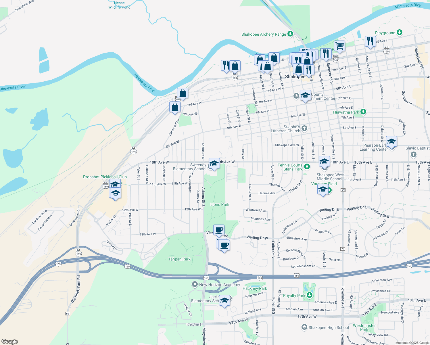 map of restaurants, bars, coffee shops, grocery stores, and more near 1001 Adams Street South in Shakopee