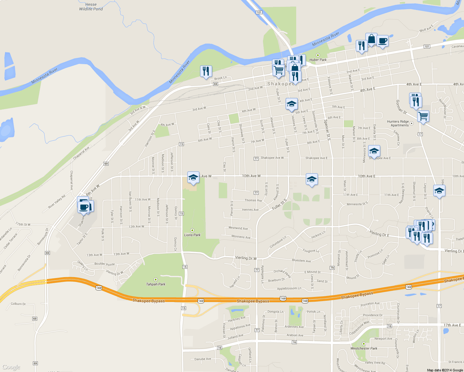 map of restaurants, bars, coffee shops, grocery stores, and more near 1030 Pierce Street South in Shakopee