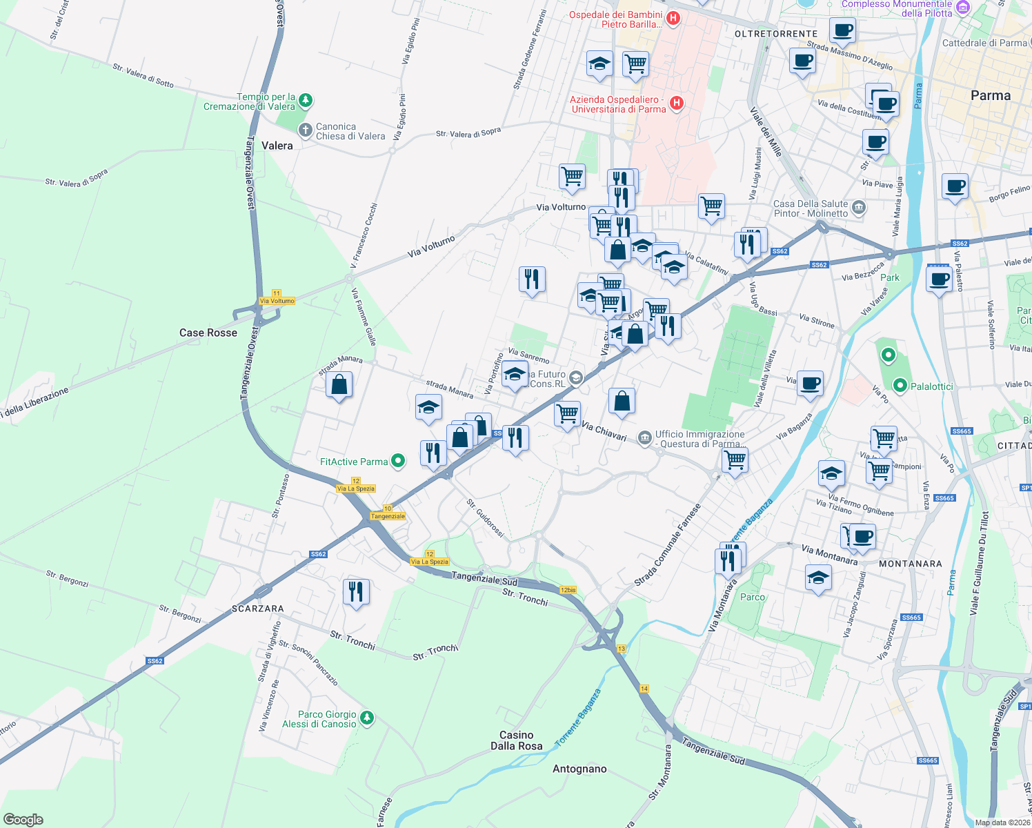 map of restaurants, bars, coffee shops, grocery stores, and more near 124-132 Via la Spezia in Parma