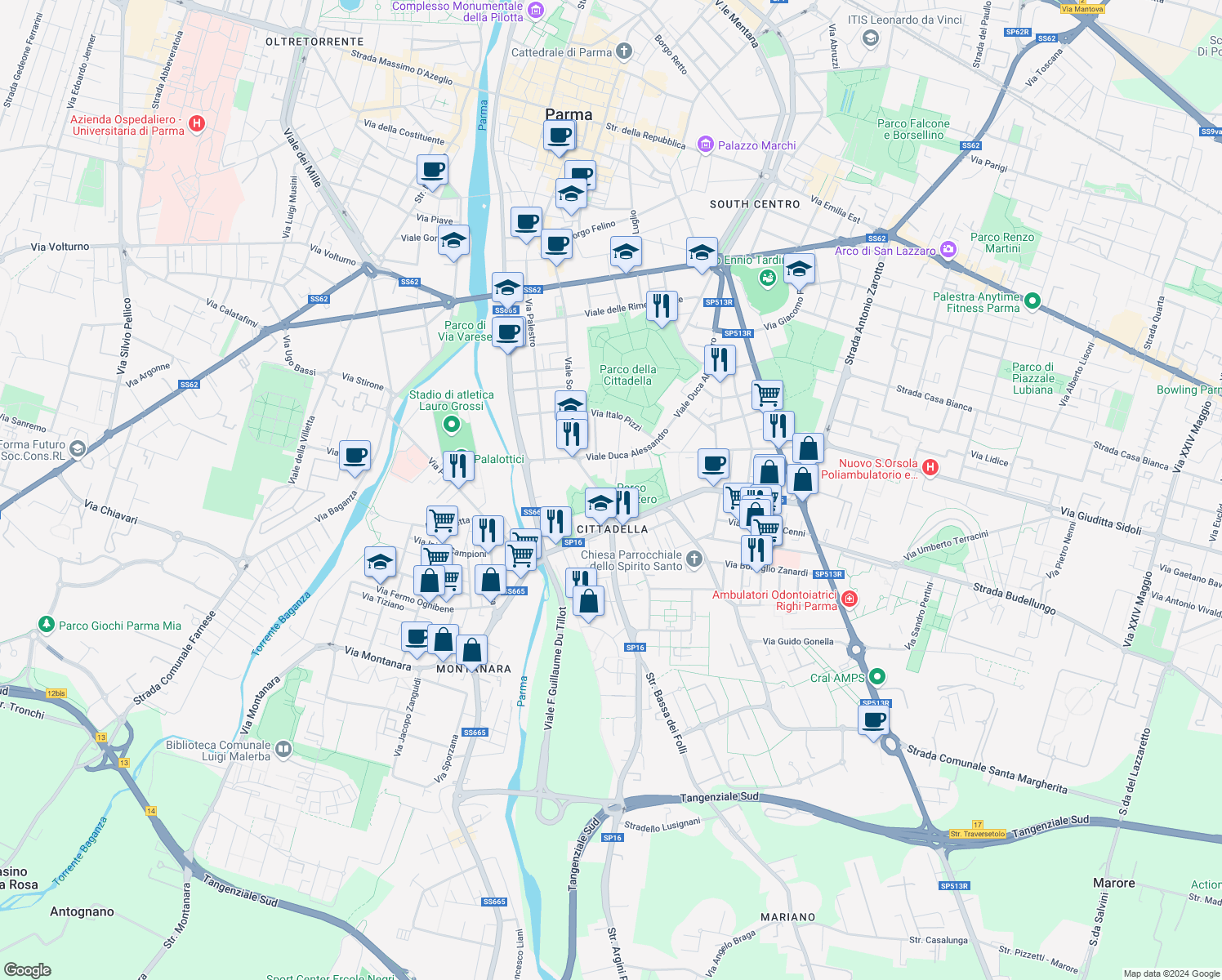map of restaurants, bars, coffee shops, grocery stores, and more near 19 Via Carlo Innocenzo Frugoni in Parma