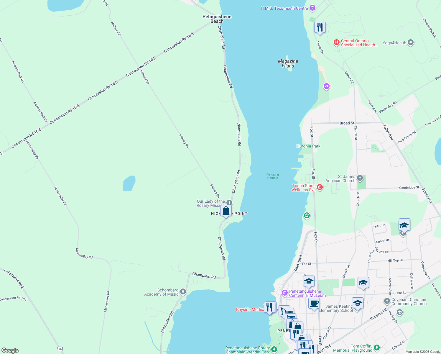 map of restaurants, bars, coffee shops, grocery stores, and more near 364 Champlain Road in Penetanguishene