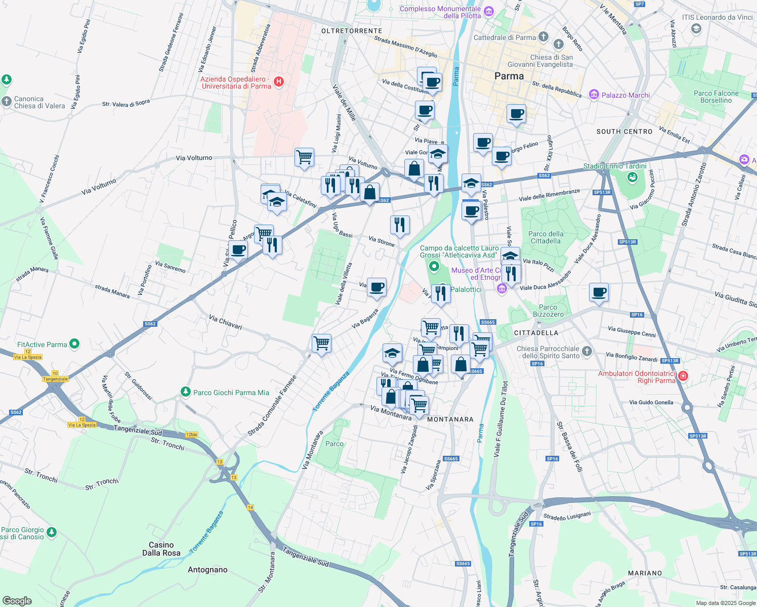 map of restaurants, bars, coffee shops, grocery stores, and more near 8 Via Taro in Parma