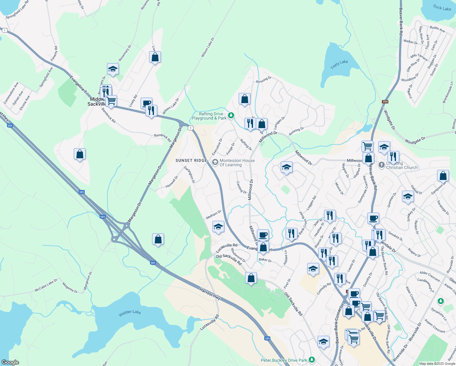 map of restaurants, bars, coffee shops, grocery stores, and more near 101 Lumberman Drive in Middle Sackville