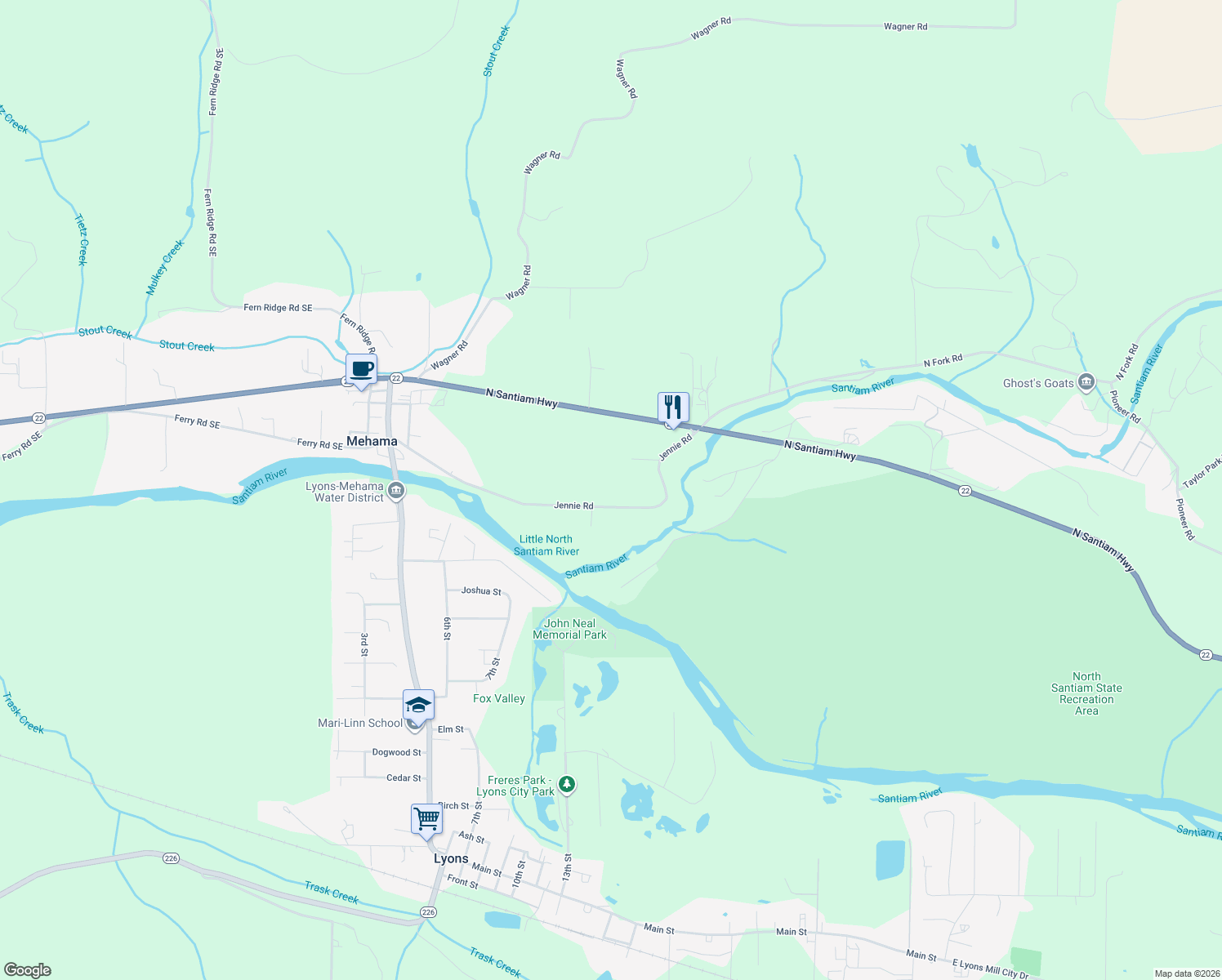 map of restaurants, bars, coffee shops, grocery stores, and more near 22685 Jennie Road in Lyons