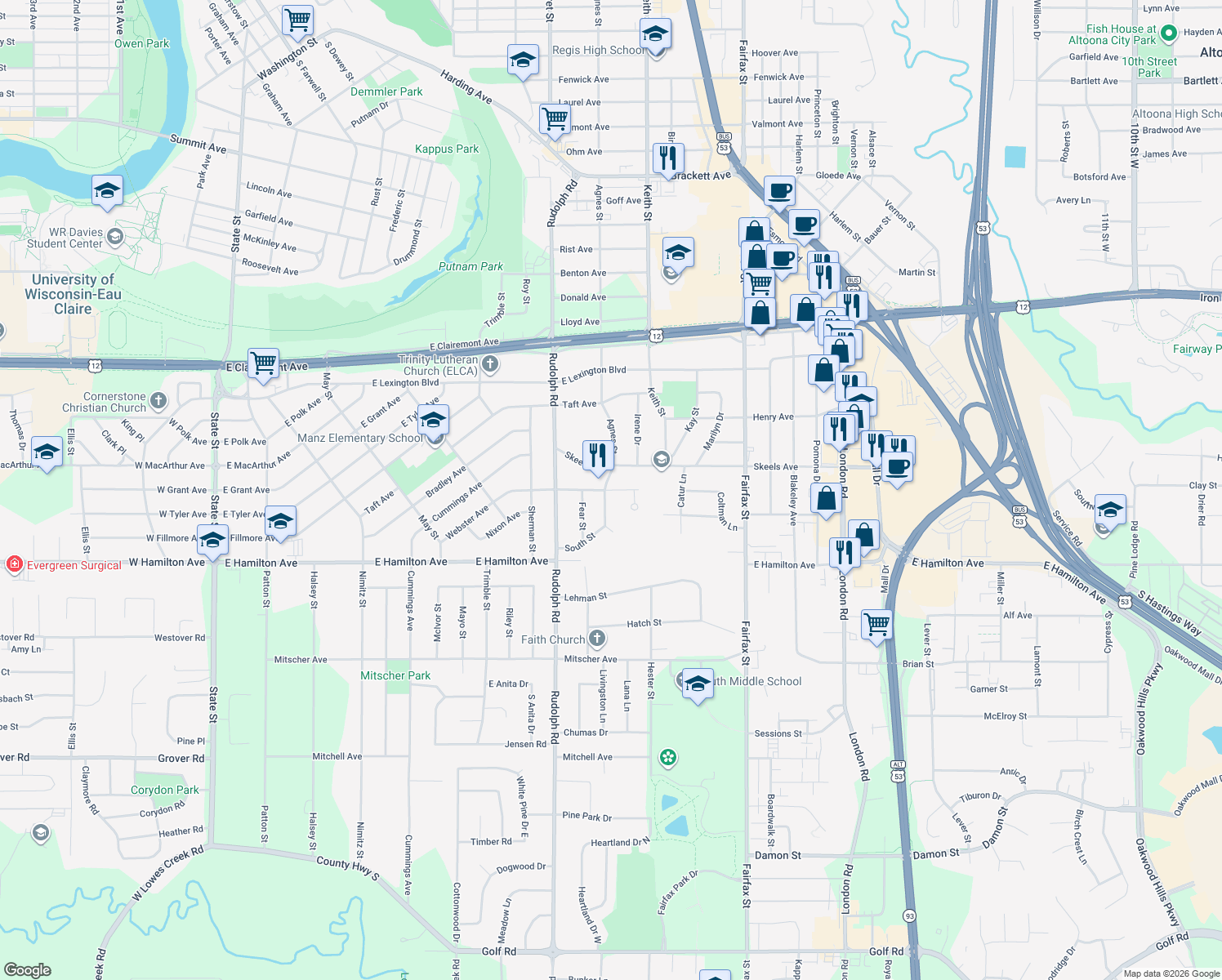 map of restaurants, bars, coffee shops, grocery stores, and more near 1820 Webster Avenue in Eau Claire