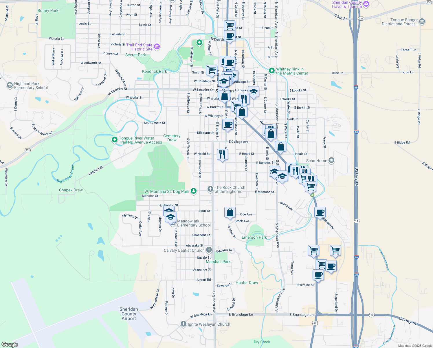 map of restaurants, bars, coffee shops, grocery stores, and more near 915 Big Horn Ave in Sheridan