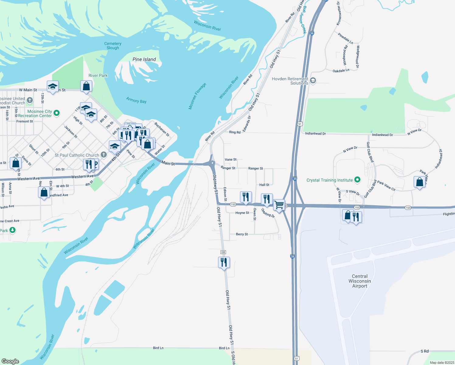 map of restaurants, bars, coffee shops, grocery stores, and more near 560 Edison St in Mosinee