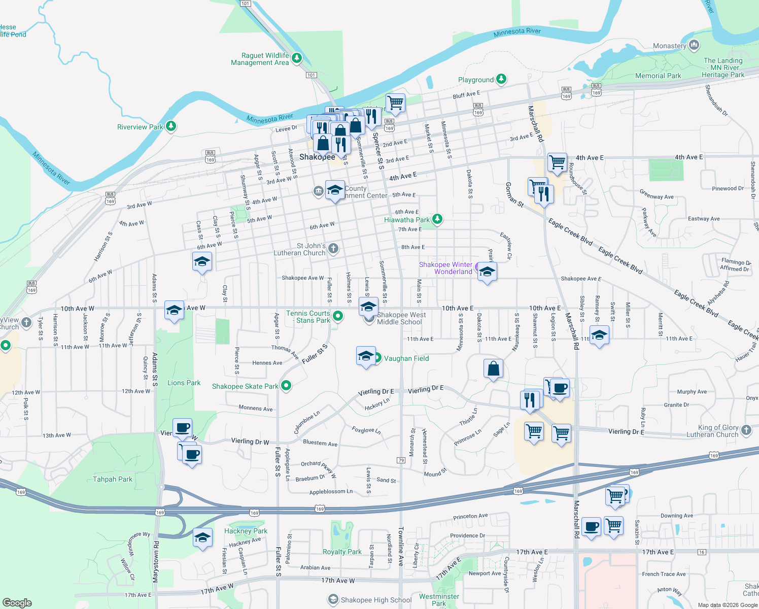 map of restaurants, bars, coffee shops, grocery stores, and more near 940 Sommerville Street South in Shakopee
