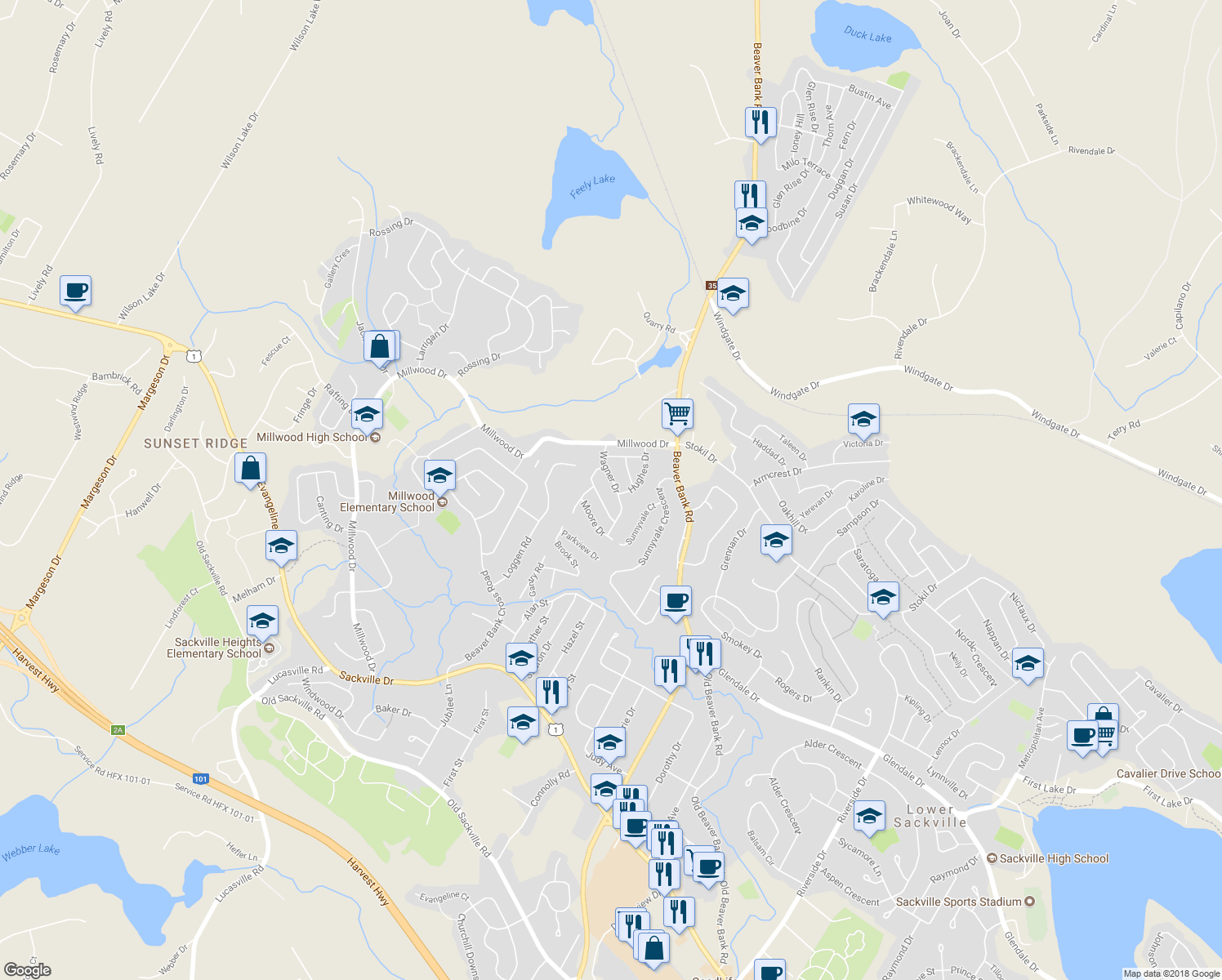 map of restaurants, bars, coffee shops, grocery stores, and more near 27 Wagner Drive in Middle Sackville