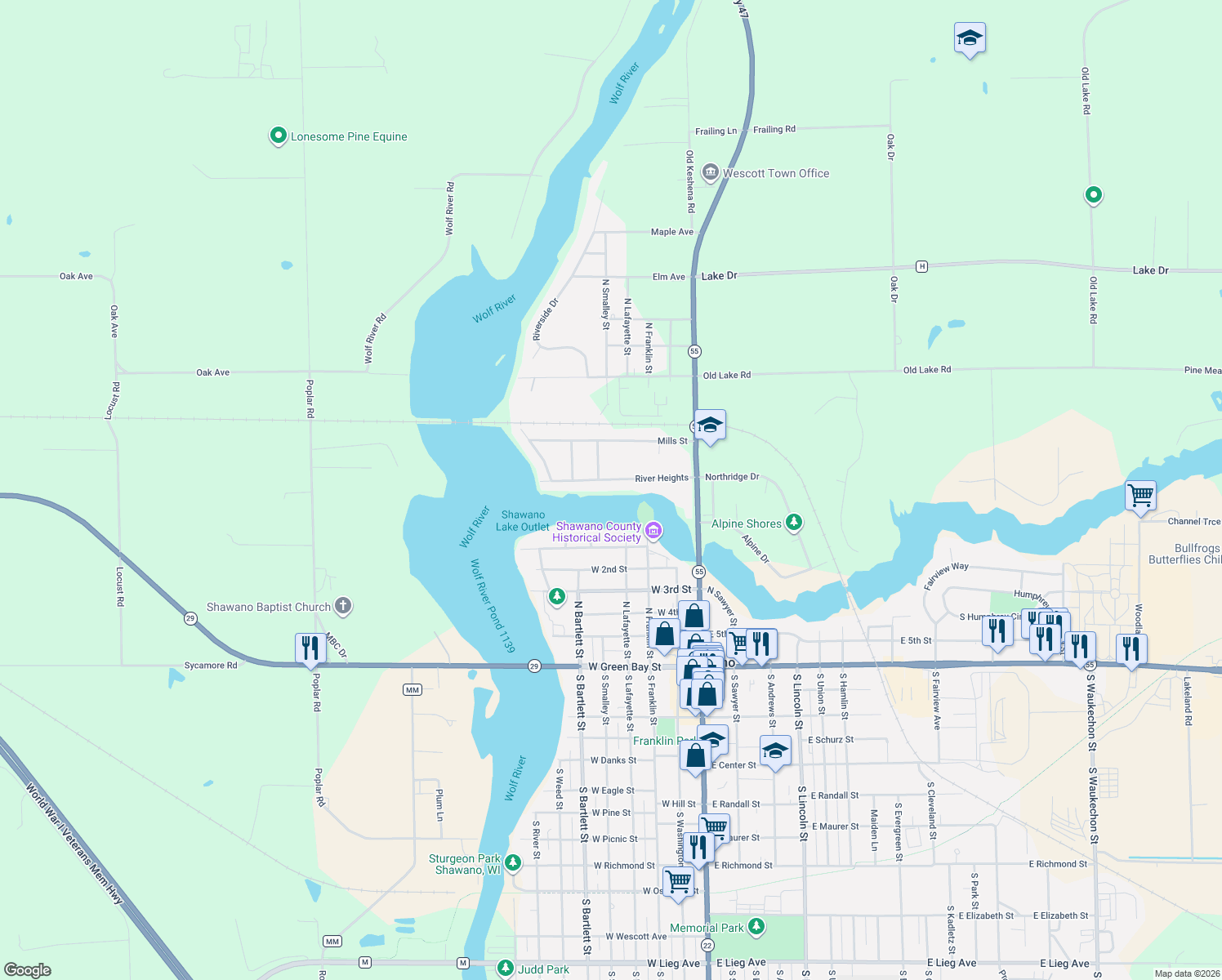 map of restaurants, bars, coffee shops, grocery stores, and more near 436 River Heights in Shawano