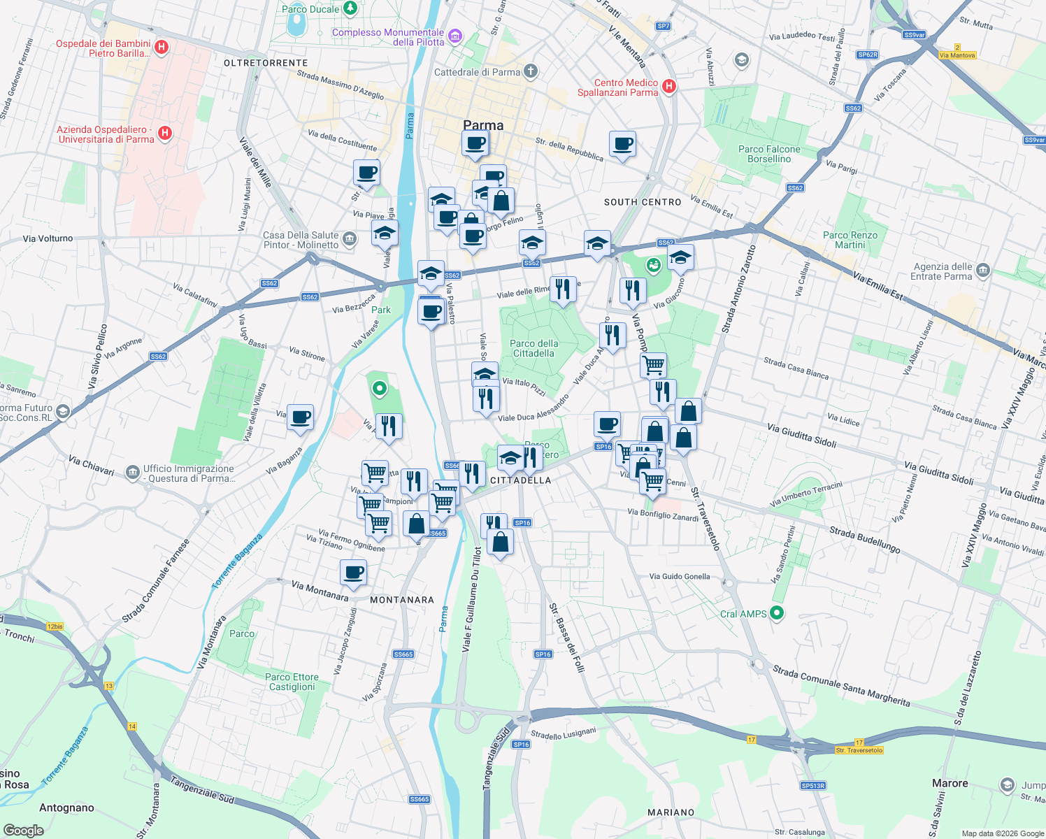 map of restaurants, bars, coffee shops, grocery stores, and more near 15-19 Via Carlo Innocenzo Frugoni in Parma