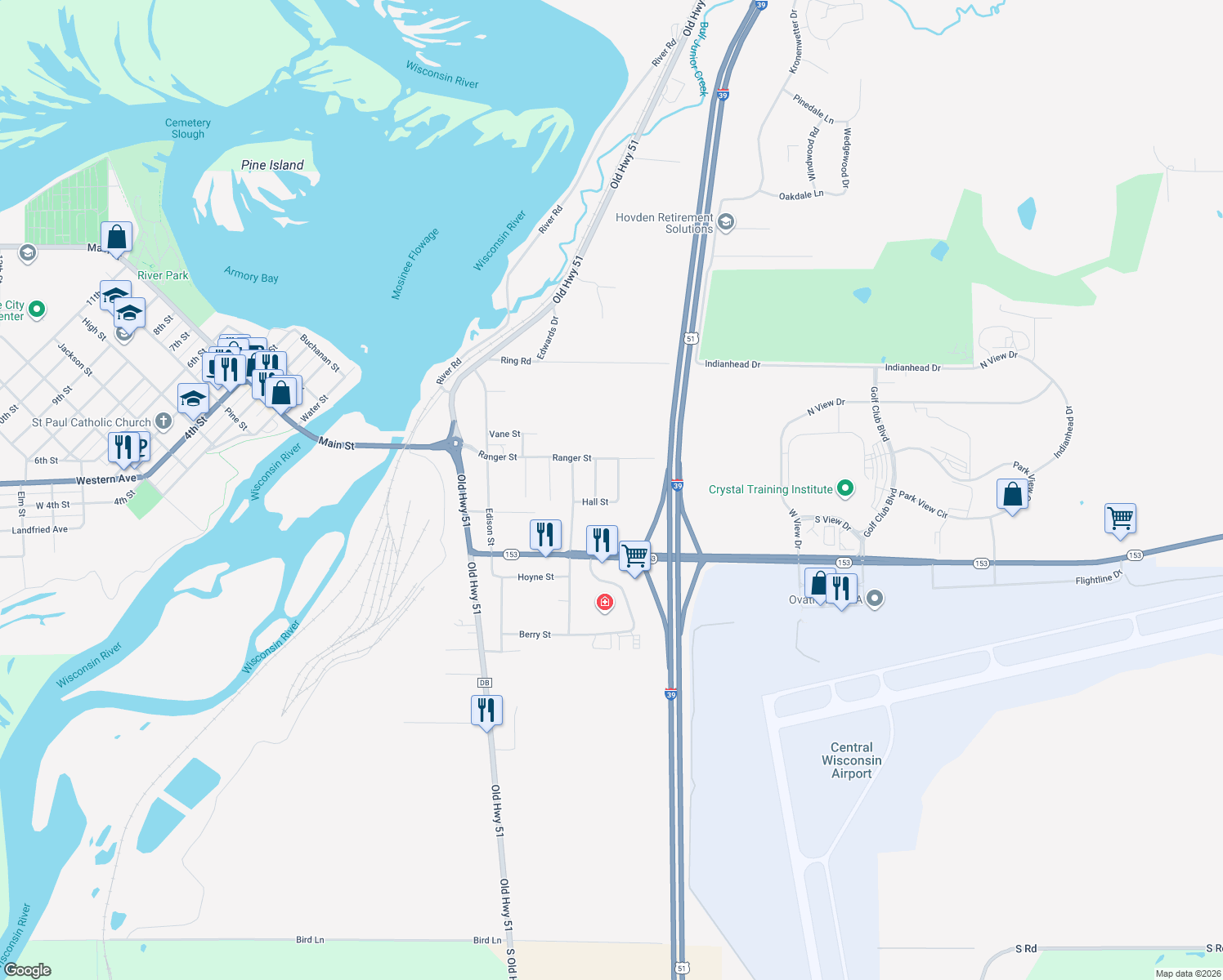 map of restaurants, bars, coffee shops, grocery stores, and more near 581 Florence St in Mosinee